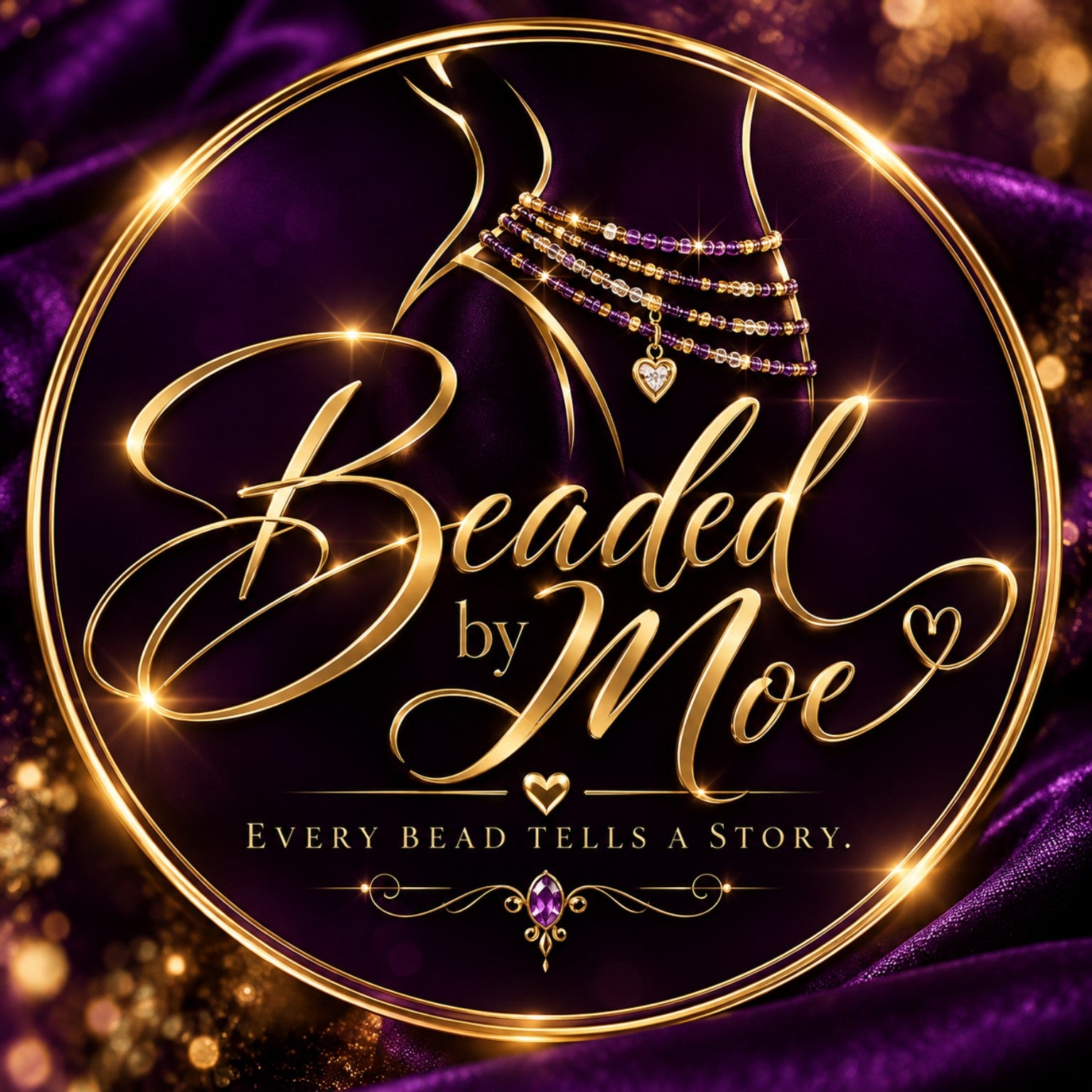 Beaded by Moe luxury purple and gold brand artwork — Every Bead Tells a Story